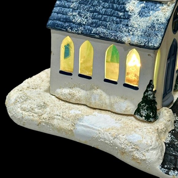 Vintage Christmas Village Snowy Church Chapel 2 Piece Lighted Blue White 11.5" - Picture 6 of 12
